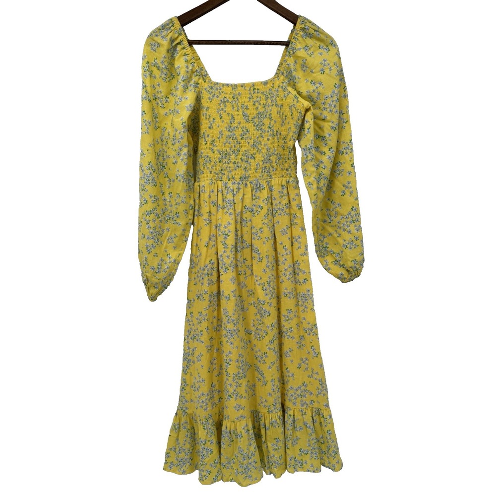 Draper‎ James Smocked Floral Dress S Yellow Balloon Sleeve Boho Peasant cottage